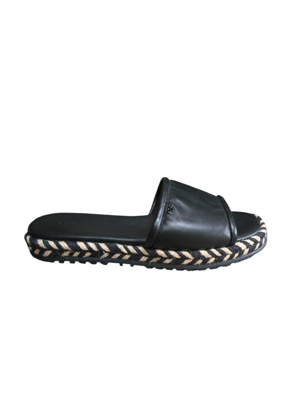 Tory Burch Black Leather Slide Sandal with Braided Espadrille Trim Sz 9